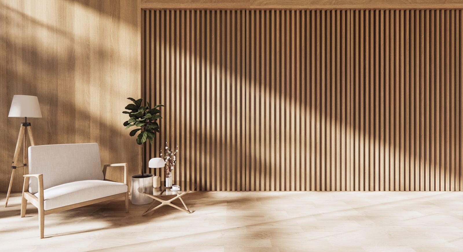 Warm minimalist Nairobi interior design with wood-slat accent wall, cream sofa and brass accents by Art Le Chic